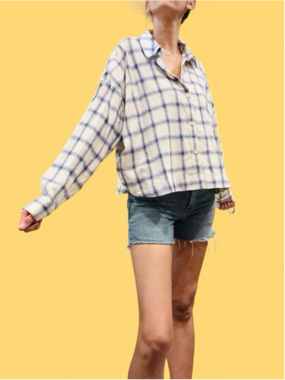 Madewell Hartfield Cropped Flannel Shirt Blue Windowpane Plaid L